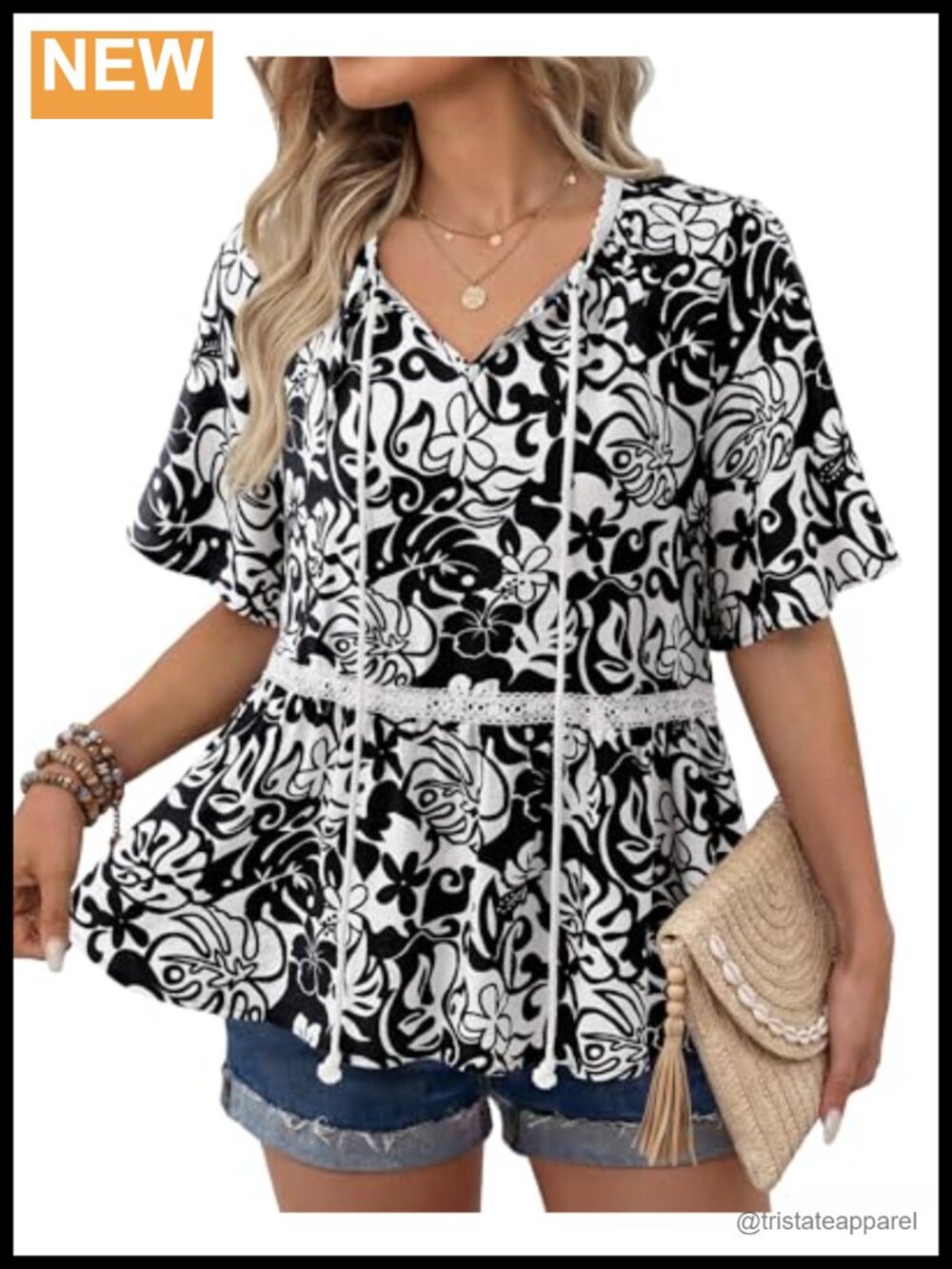 Women's Boho Tunic Blouse Short Sleeve V Neck Babydoll Top Floral Casual Summer